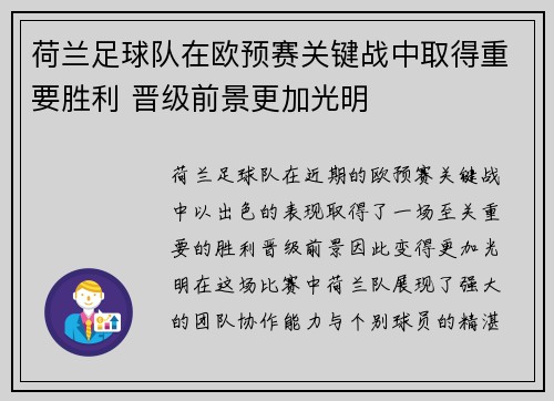 荷兰足球队在欧预赛关键战中取得重要胜利 晋级前景更加光明