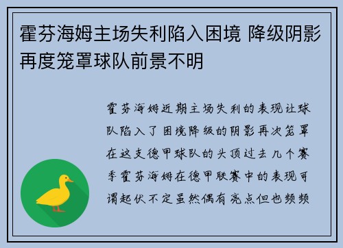 霍芬海姆主场失利陷入困境 降级阴影再度笼罩球队前景不明