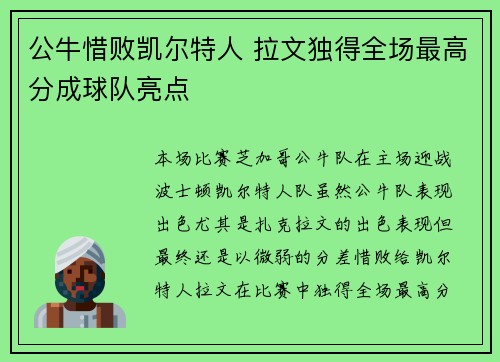 公牛惜败凯尔特人 拉文独得全场最高分成球队亮点